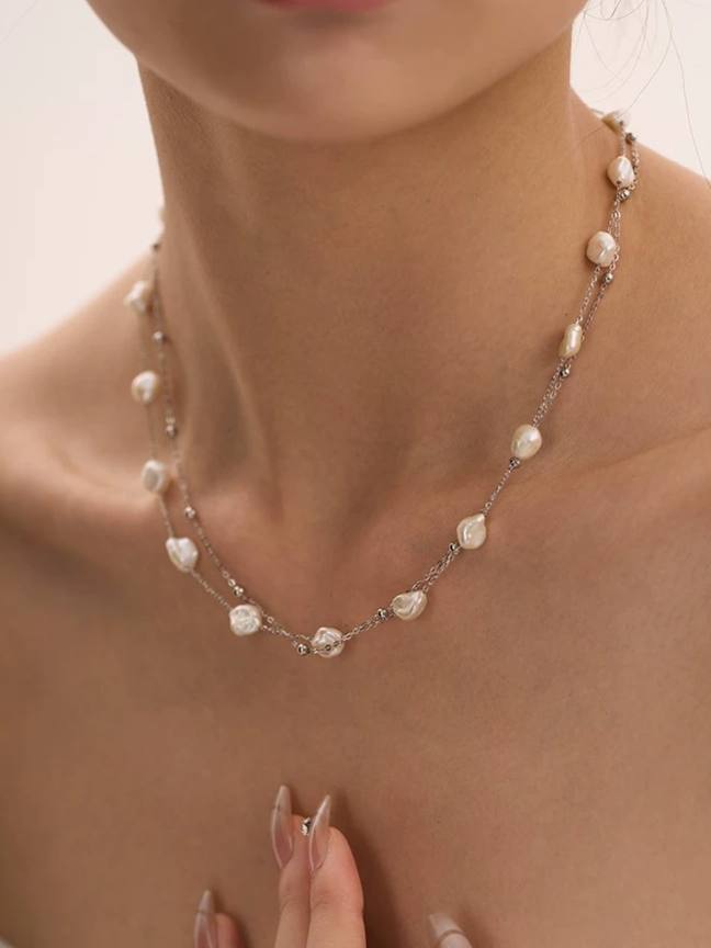 Layered Baroque Pearl & Sterling Silver Necklace – Double Chain Starburst Design