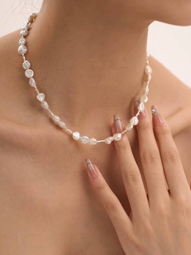 Baroque Pearl & 925 Silver Necklace – Minimalist Irregular Pendant Design