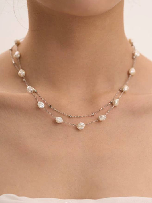 Layered Baroque Pearl & Sterling Silver Necklace – Double Chain Starburst Design